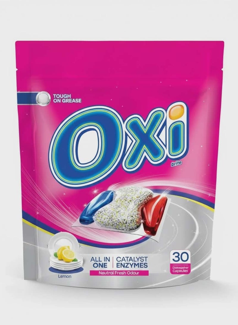Oxi Brite Dishwasher Capsules - Lemon - All-in-One Enzyme Formula - 30 Capsules - Image 1